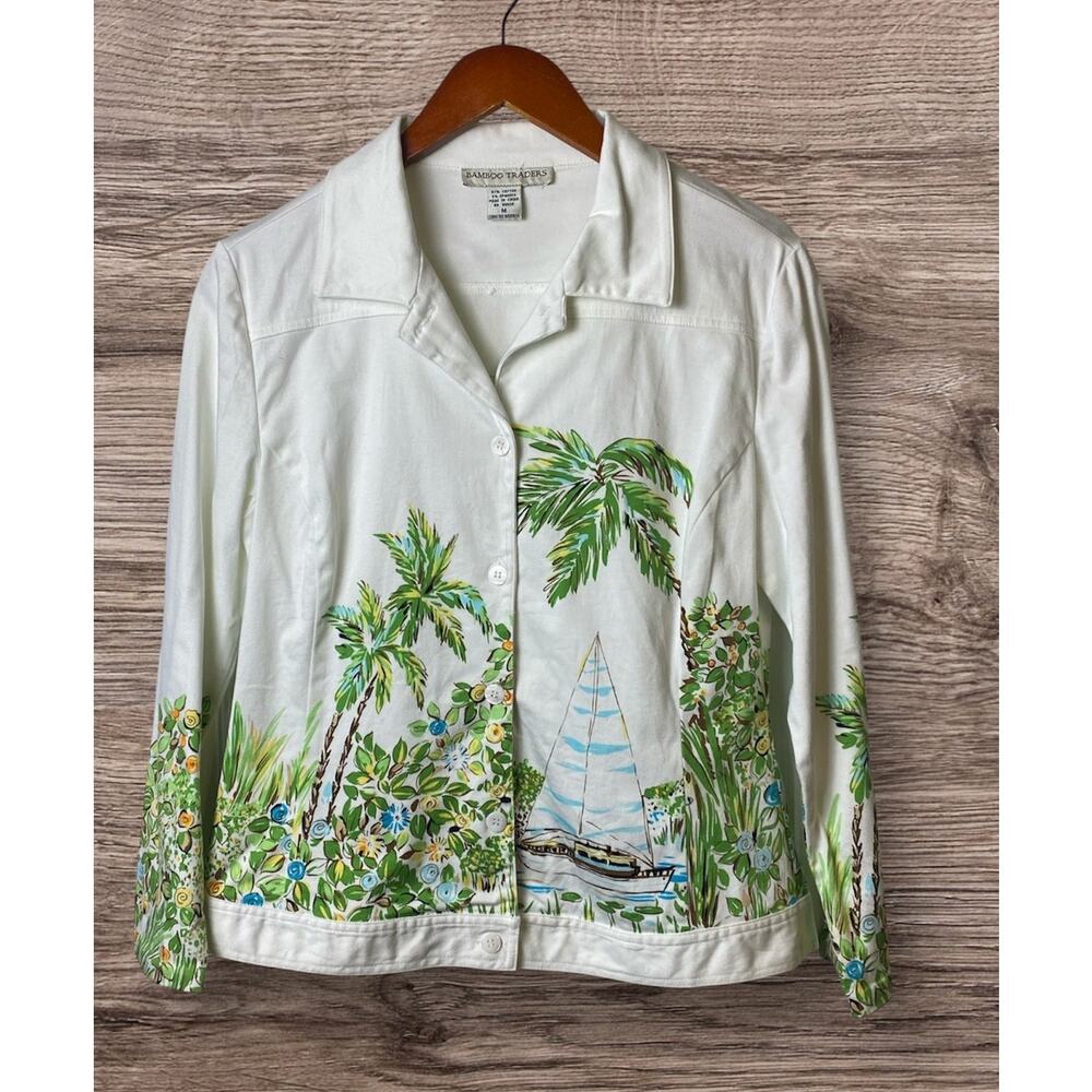 Bamboo Trader White Tropical Sailing Scene Button Front Jacket Size Medium